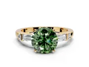 Bar-Set Engagement Ring Setting for Fancy Green Round Cut Center with Tapered Baguette Accents and Prong Head in Yellow Gold