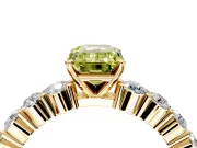 Shared-Prong Engagement Ring Setting for Fancy Yellow Emerald Cut Center with Graduated Accents and Prong Head in Yellow Gold