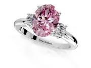 3 Stone Engagement Ring Setting for Fancy Pink Oval Center with Wide Plain Band and Prong Head in Platinum