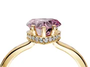 Hidden Halo Engagement Ring Setting for Fancy Pink Heart-Shaped Center with Wide Flat Plain Band and Prong Head in Yellow Gold