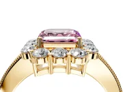 Halo Engagement Ring Setting for Fancy Pink Asscher Cut Center with Milgrain Channel Band and Prong Head in Yellow Gold