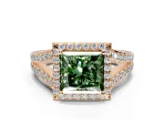 Halo Engagement Ring Setting for Fancy Green Princess Cut Center with Narrow Pave Split Shank and Prong Head in Rose Gold