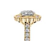 Milgrain Floral Halo Engagement Ring Setting for Cushion Cut Center with Pave Band and Prong Head in Yellow Gold