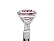 3 Stone Engagement Ring Setting for Fancy Pink Princess Cut Center with Tapered Baguettes, Plain Band and Prong Head in White Gold