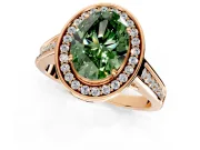 Halo Engagement Ring Setting for Fancy Green Oval Center with Outer Bezel Rim, Pave Band and Prong Head in Rose Gold
