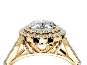 Double Halo Engagement Ring Setting for Oval Center with Narrow Pave Split Shank and Prong Head in Yellow Gold