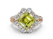 Large Accent Halo Engagement Ring Setting for Fancy Yellow Asscher Cut Center with Pave Split Shank and Prong Head in Rose Gold