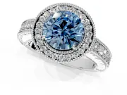 Milgrain Halo Engagement Ring Setting for Fancy Blue Round Cut Center with Pave Band and Prong Head in White Gold