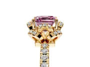 Halo Engagement Ring Setting for Fancy Pink Asscher Cut Center with Openwork Halo, Pave Band and Prong Head in Yellow Gold