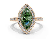 Pave Halo Engagement Ring Setting for Fancy Green Marquise Center with Single Row Pave Band and Prong Head in Rose Gold
