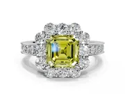 Halo Engagement Ring Setting for Fancy Yellow Asscher Cut Center with Milgrain Channel Band and Prong Head in White Gold