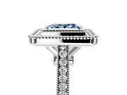 Halo Engagement Ring Setting for Fancy Blue Princess Cut Center with Milgrain Frame, Pave Band and Prong Head in Platinum