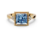 Cluster Engagement Ring Setting for Fancy Blue Princess Cut Center with Milgrain Shoulder Clusters and Prong Head in Yellow Gold