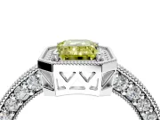 Milgrain Halo Engagement Ring Setting for Fancy Yellow Emerald Cut Center with Wide Pave Band and Prong Head in Platinum