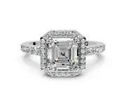 Halo Engagement Ring Setting for Asscher Cut Center with Inner Milgrain Border and Prong Head in Platinum