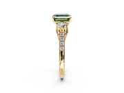 3 Stone Engagement Ring Setting for Fancy Green Asscher Cut Center with Crossover Basket, Pave Band and Prong Head in Yellow Gold