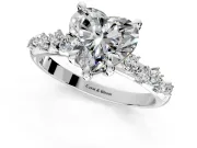 Solitaire Engagement Ring Setting for Heart-Shaped Center with Trailing Leaf Accent Band and Prong Head in White Gold