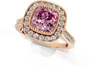 Halo Engagement Ring Setting for Fancy Pink Cushion Cut Center with Milgrain Frame, Pave Band and Prong Head in Rose Gold