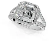 Halo Engagement Ring Setting for Asscher Cut Center with Narrow Pave Split Shank and Prong Head in Sterling Silver