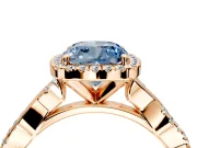 Halo Engagement Ring Setting for Fancy Blue Cushion Cut Center with Pave and Plain Twist Band and Prong Head in Rose Gold