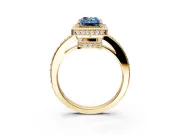 Halo Engagement Ring Setting for Fancy Blue Radiant Cut Center with Metal-Rimmed Halo, Pave Band and Prong Head in Yellow Gold