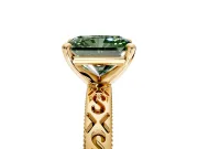 Solitaire Engagement Ring Setting for Fancy Green Radiant Cut Center with Scrollwork Band and Prong Head in Yellow Gold