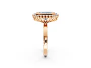 Halo Engagement Ring Setting for Fancy Blue Radiant Cut Center with Milgrain Bezel Rim, Plain Band and Prong Head in Rose Gold