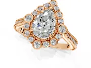 Milgrain Halo Engagement Ring Setting for Pear-Shaped Center with Bezel Point Accents and Prong Head in Rose Gold