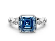 Milgrain Bezel Engagement Ring Setting for Fancy Blue Asscher Cut Center with Marquise Stations and Bezel Head in Platinum