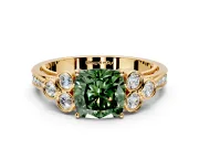 Cluster Engagement Ring Setting for Fancy Green Cushion Cut Center with Bezel Accent Clusters and Prong Head in Yellow Gold