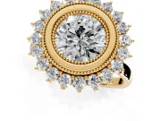 Halo Engagement Ring Setting for Round Cut Center with Milgrain Bezel Rim, Plain Band and Prong Head in Yellow Gold