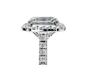 Halo Engagement Ring Setting for Emerald Cut Center with Raised Halo, Pave Band and Prong Head in Platinum