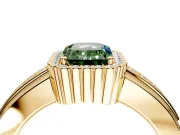 Halo Engagement Ring Setting for Fancy Green Emerald Cut Center with Wide Band, Inlaid Accent Row and Prong Head in Yellow Gold