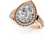 Halo Engagement Ring Setting for Pear-Shaped Center with Outer Bezel Rim, Pave Band and Prong Head in Rose Gold
