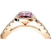 Halo Engagement Ring Setting for Fancy Pink Emerald Cut Center with Full Pave Band and Prong Head in Rose Gold