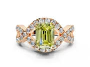 Halo Engagement Ring Setting for Fancy Yellow Emerald Cut Center with Pave Infinity Twist Band and Prong Head in Rose Gold