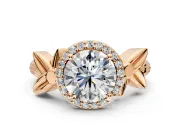 Halo Engagement Ring Setting for Round Cut Center with Floral Band and Prong Head in Rose Gold