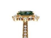 Milgrain Halo Engagement Ring Setting for Fancy Green Emerald Cut Center with Bezel Point Accents and Prong Head in Yellow Gold