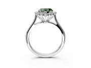 Starburst Halo Engagement Ring Setting for Fancy Green Heart-Shaped Center with Thin Round-Wire Band and Prong Head in Sterling Silver