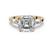 3 Stone Engagement Ring Setting for Asscher Cut Center with Baguette Accents and Prong Head in Yellow Gold