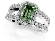 Halo Engagement Ring Setting for Fancy Green Emerald Cut Center with Wide-Open Pave Split Shank and Prong Head in Sterling Silver