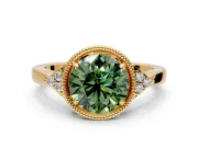 Cluster Engagement Ring Setting for Fancy Green Round Cut Center with Milgrain Shoulder Clusters and Prong Head in Yellow Gold