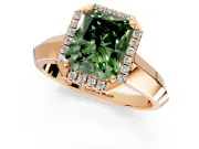Halo Engagement Ring Setting for Fancy Green Radiant Cut Center with Knife Ridge Cathedral Band and Prong Head in Rose Gold