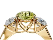 3 Stone Engagement Ring Setting for Fancy Yellow Round Cut Center with Raised Basket Heads and Prong Head in Yellow Gold