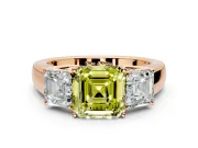 3 Stone Engagement Ring Setting for Fancy Yellow Asscher Cut Center with Raised Basket Heads and Prong Head in Rose Gold