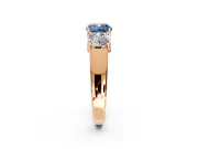 3 Stone Engagement Ring Setting for Fancy Blue Cushion Cut Center with Raised Basket Heads and Prong Head in Rose Gold