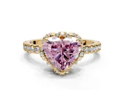 Halo Engagement Ring Setting for Fancy Pink Heart-Shaped Center with Openwork Halo, Pave Band and Prong Head in Yellow Gold