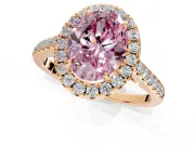 Halo Engagement Ring Setting for Fancy Pink Oval Center with Narrowing Pave Band and Prong Head in Rose Gold