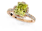 Halo Engagement Ring Setting for Fancy Yellow Radiant Cut Center with Openwork Halo, Pave Band and Prong Head in Rose Gold