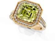 Halo Engagement Ring Setting for Fancy Yellow Asscher Cut Center with Outer Bezel Rim, Pave Band and Prong Head in Yellow Gold